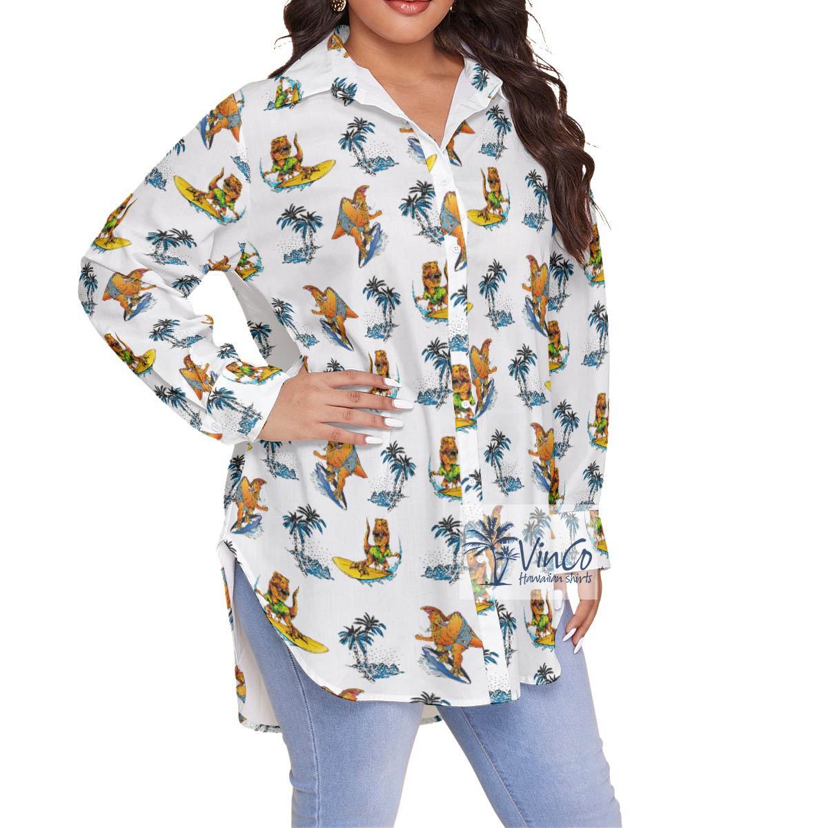 Funny Palm Tree Dinosaur Surfing Hawaiian Oversize Shirt For Women