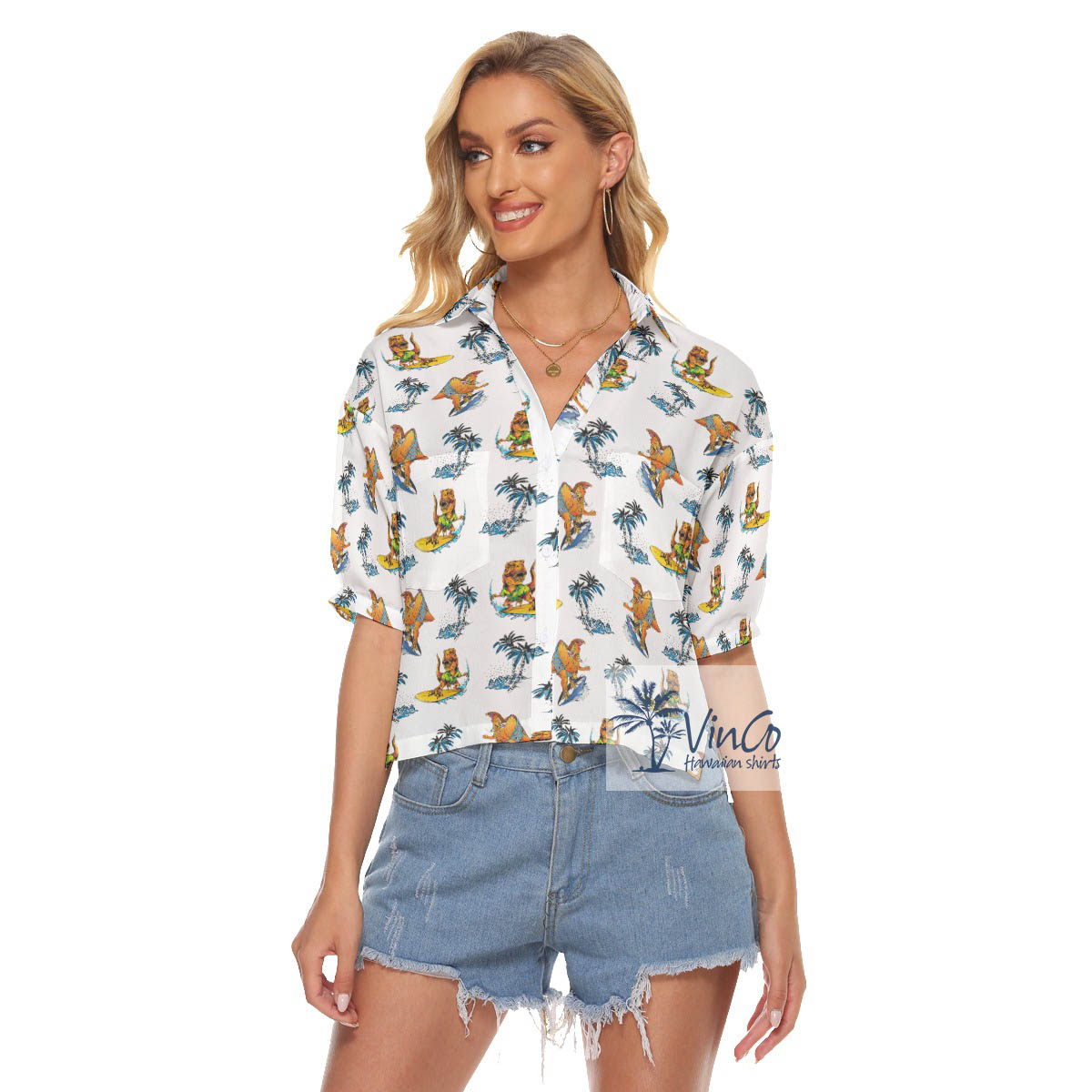 Funny Dinosaur Surfing Tropical Palm Tree Hawaiian Cropped Shirt - variant image 1
