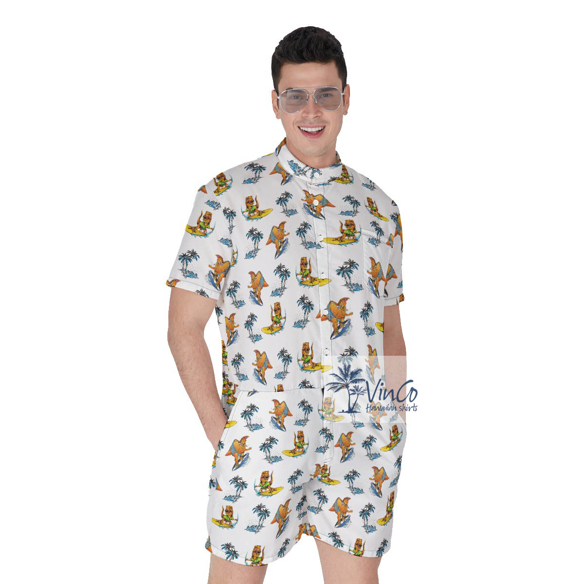 Funny Dinosaur Surfing Palm Tree Men's Hawaiian Romper - variant image 1