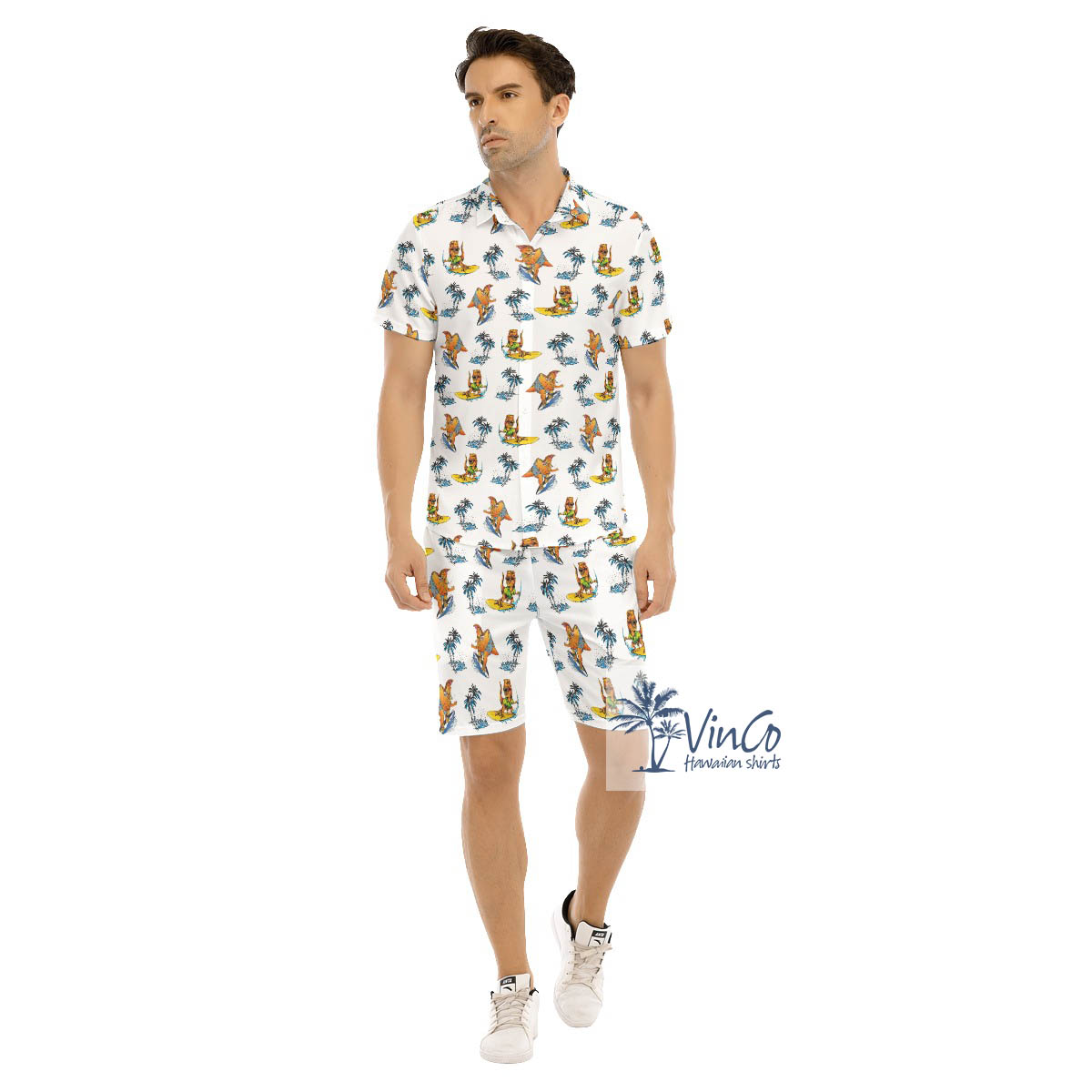 Tropical Palm Tree Surfing Dinosaur Hawaiian Shirt And Shorts For Men - variant image 1