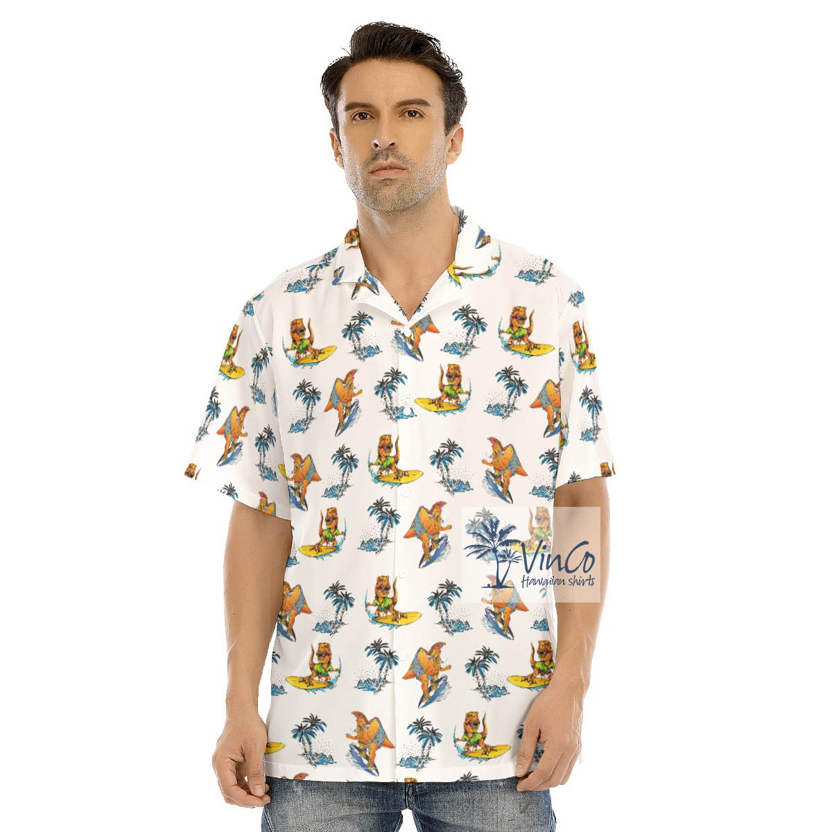 Funny Dinosaur Surfing Tropical Palm Tree Hawaiian Shirt - variant image 1
