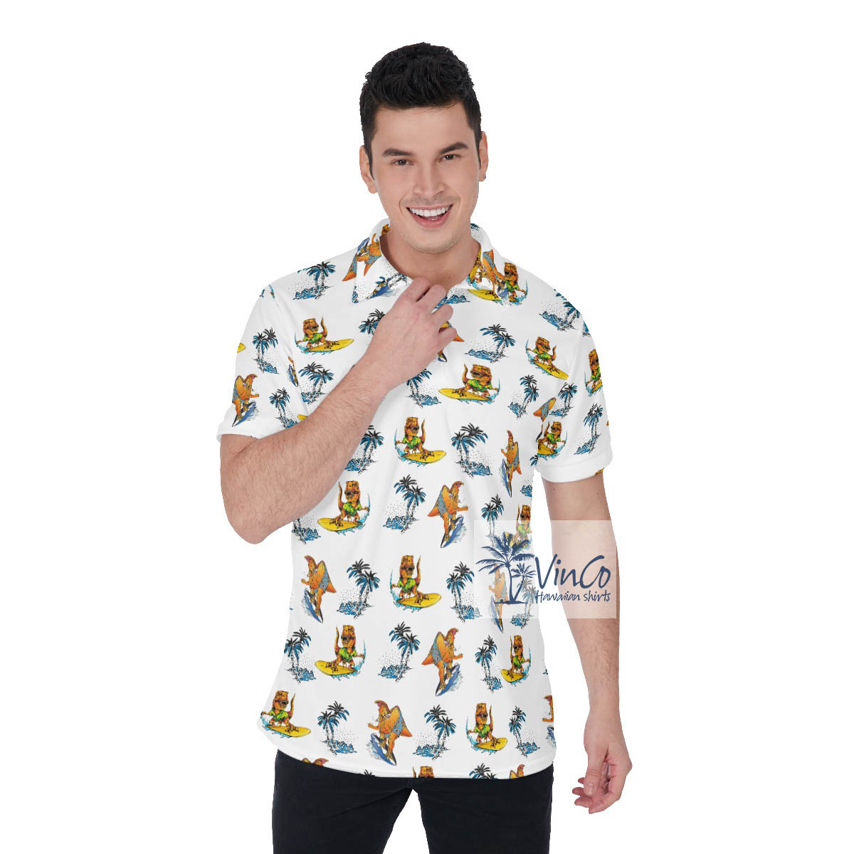 Tropical Palm Tree Surfing Dinosaur Hawaiian Polo Shirt - variant image 1