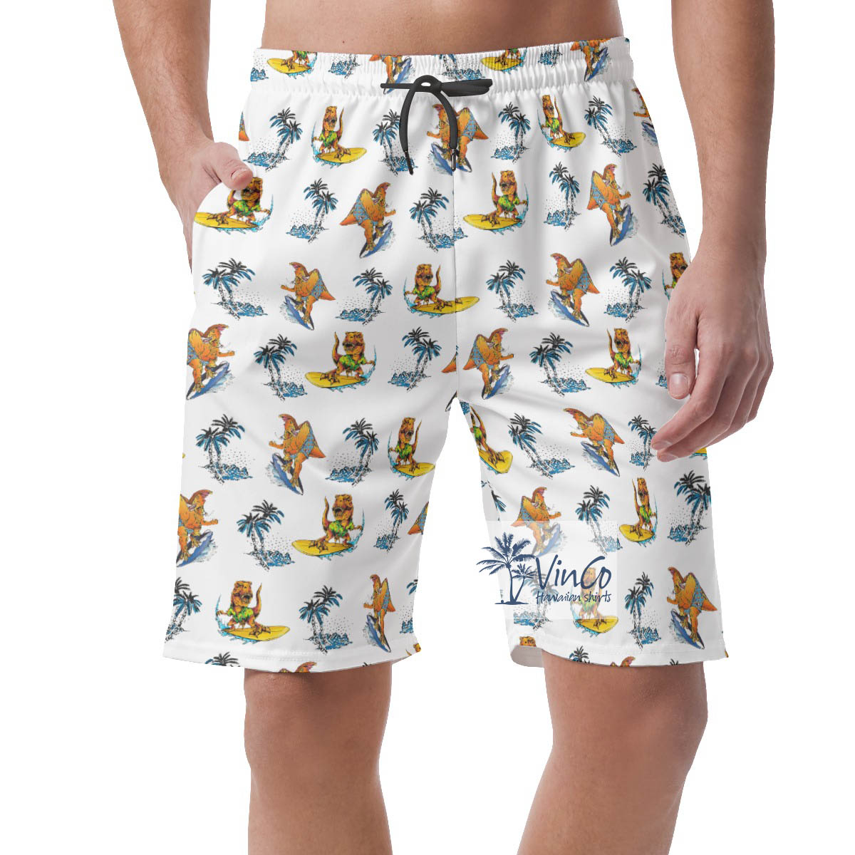 Funny Dinosaur Surfing Palm Tree Hawaiian Beach Shorts For Men - variant image 1