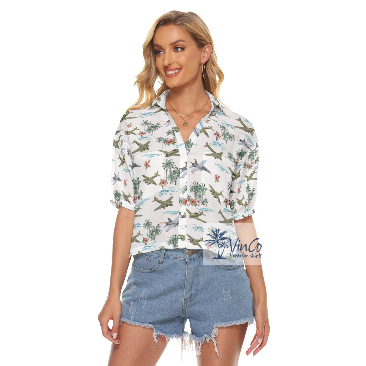 Cool Bomber Airplanes Hibiscus Hawaiian Crop Top Shirt - variant image 1