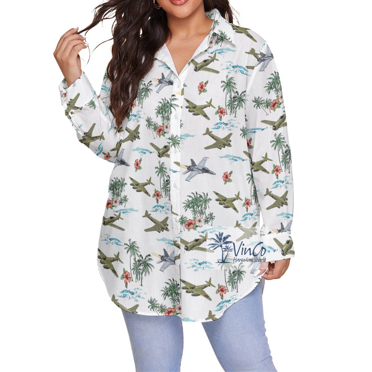 Tropical Hibiscus Fighter Planes Hawaiian Plus Size Shirt - variant image 1