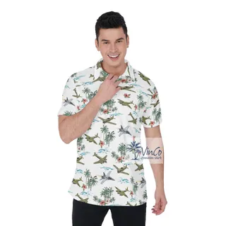 Tropical Palm Tree Airplanes Floral Hawaiian Polo Shirt