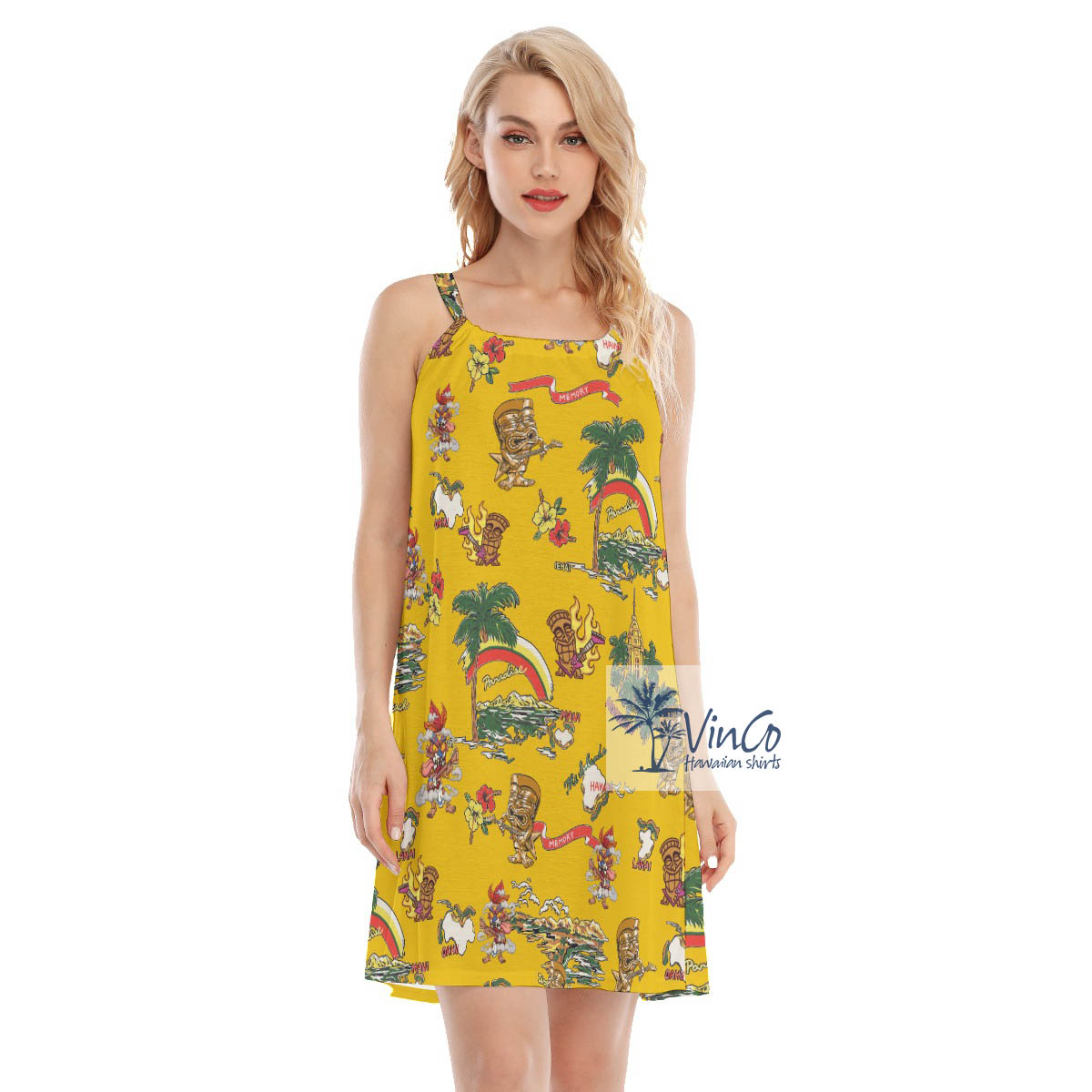 Funny Tiki Guitar Tropical Hibiscus Yellow Hawaiian Cami Dress - variant image 1