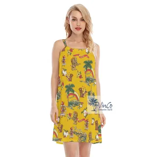 Funny Tiki Guitar Tropical Hibiscus Yellow Hawaiian Cami Dress