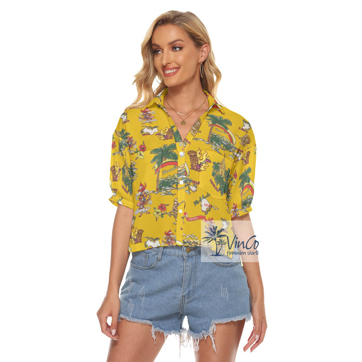 Tropical Tiki Guitar Vintage Aloha Cropped Shirt - variant image 1
