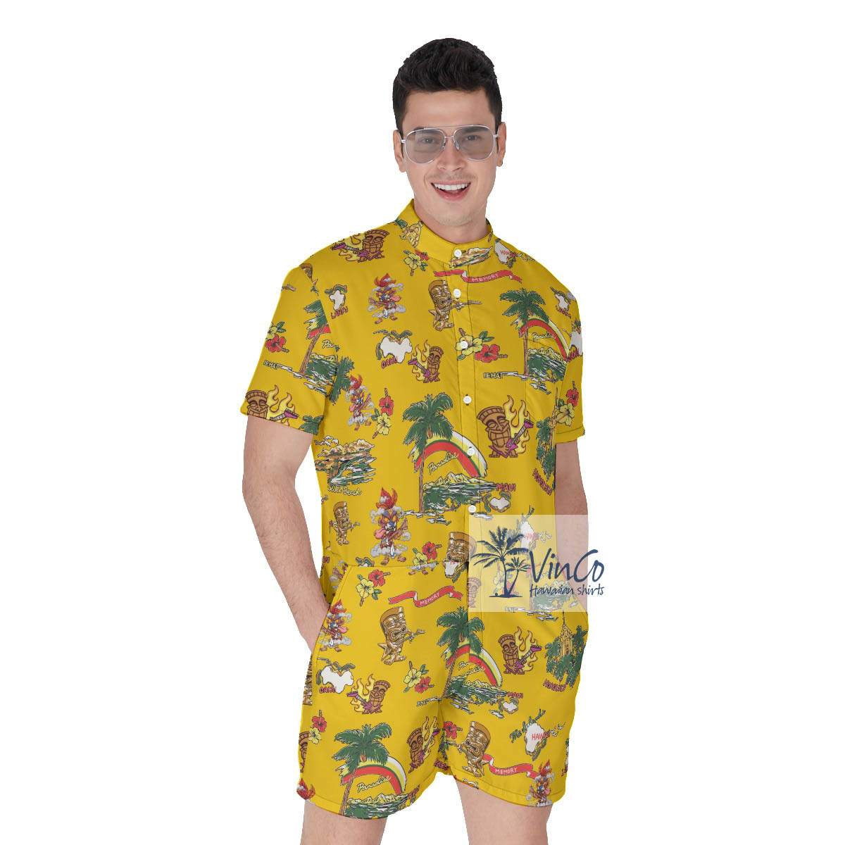 Funny Tiki Playing Guitar Tropical Islands Men's Hawaiian Romper - variant image 1