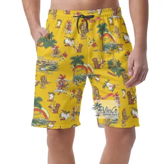Funny Tiki Playing Guitar Tropical Yellow Hawaiian Beach Shorts For Men
