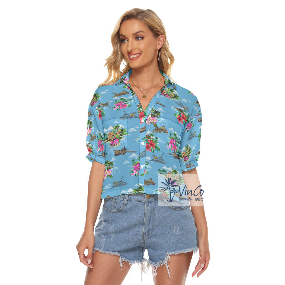 Tropical Islands Bomber Fighter Planes Hawaiian Cropped Shirt For Women - variant image 1