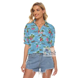 Tropical Islands Bomber Fighter Planes Hawaiian Cropped Shirt For Women
