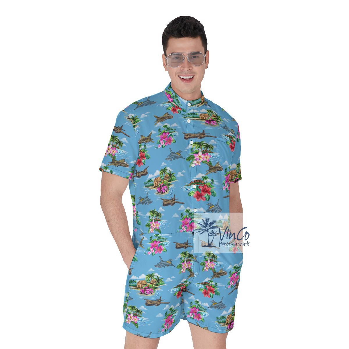 Tropical Hibiscus Airplanes Blue Hawaiian Romper For Men - variant image 1