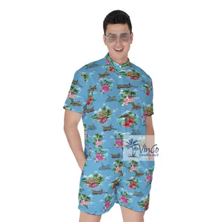 Tropical Hibiscus Airplanes Blue Hawaiian Romper For Men