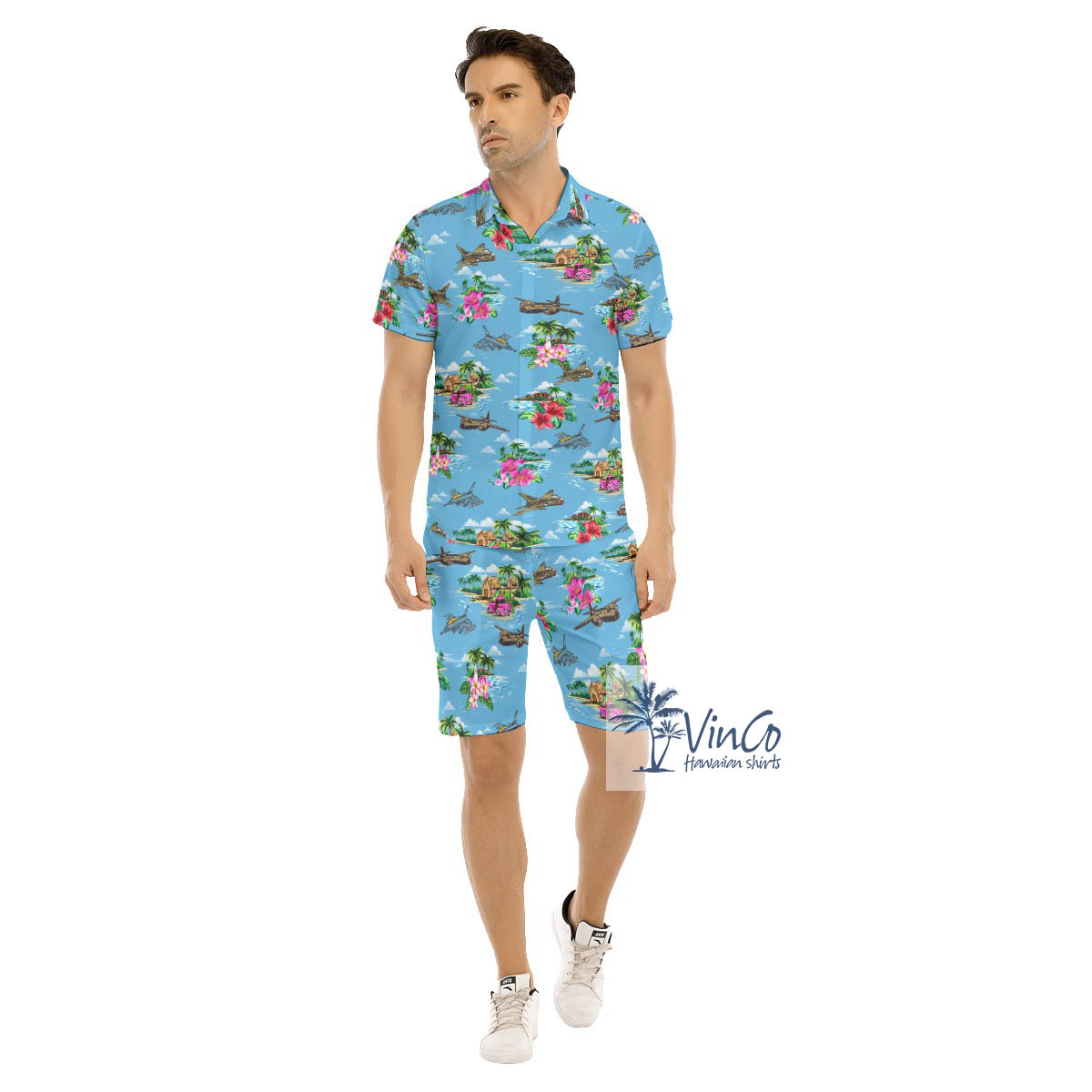 Set Tropical Bomber Fighter Planes Hawaiian Shirt And Matching Shorts For Men - variant image 1