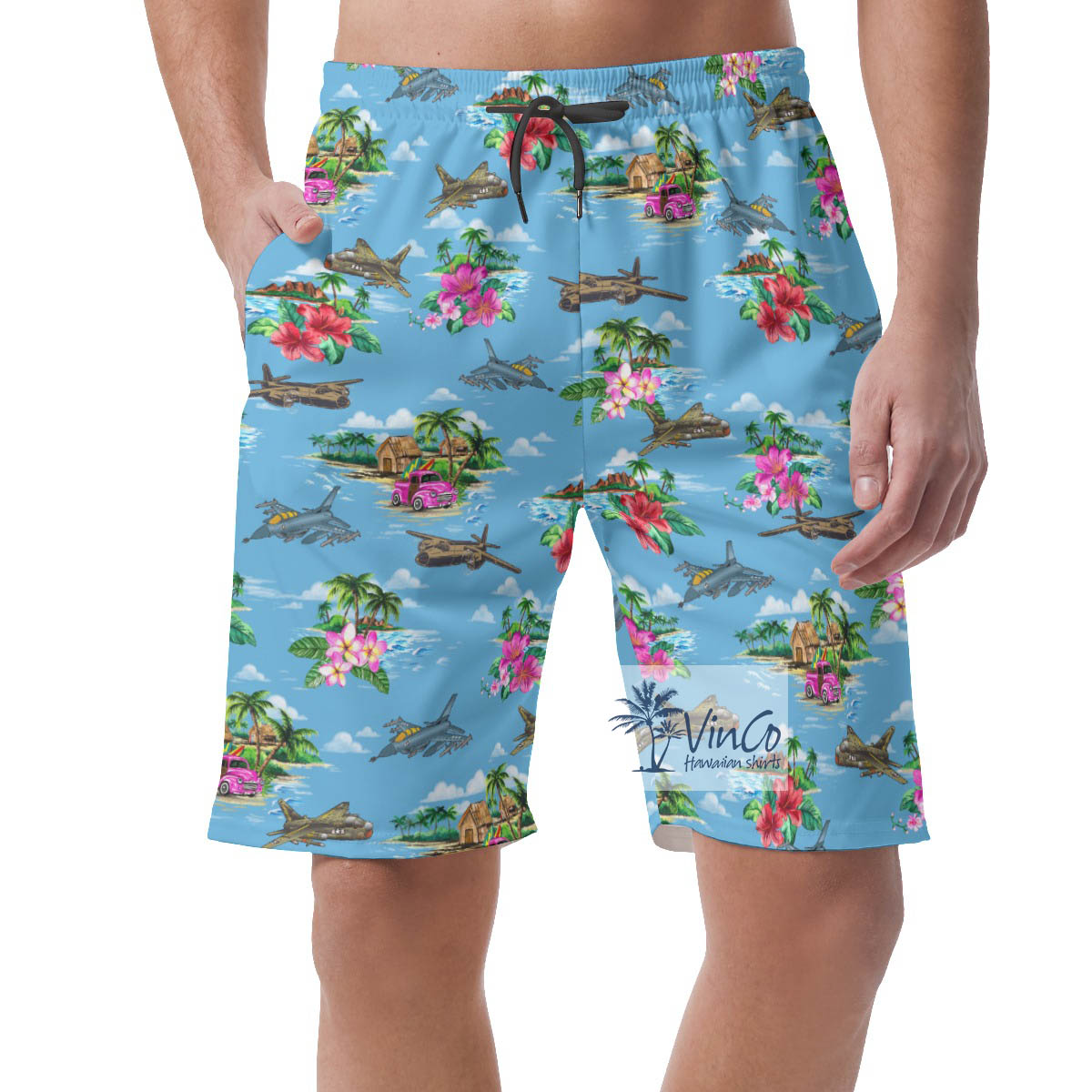 Vintage Airplanes Tropical Hawaiian Beach Shorts For Men - variant image 1