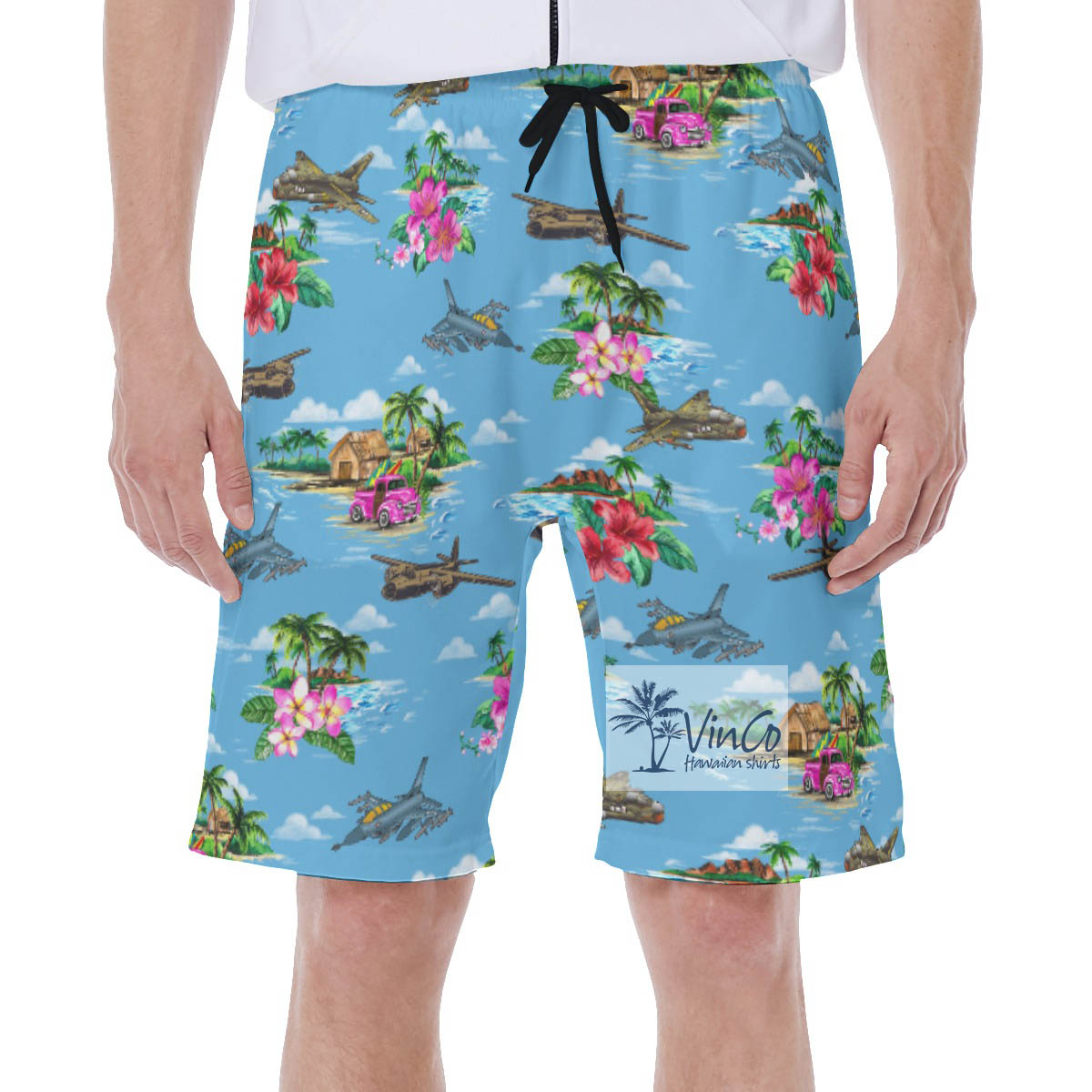 Cool Bomber Plane Tropical Blue Hawaiian Swimming Trunks For Men - variant image 1