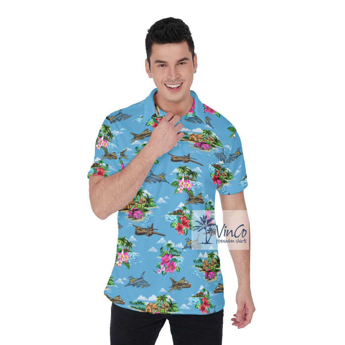 Tropical Islands Airplanes Hawaiian Polo Shirt - variant image 1