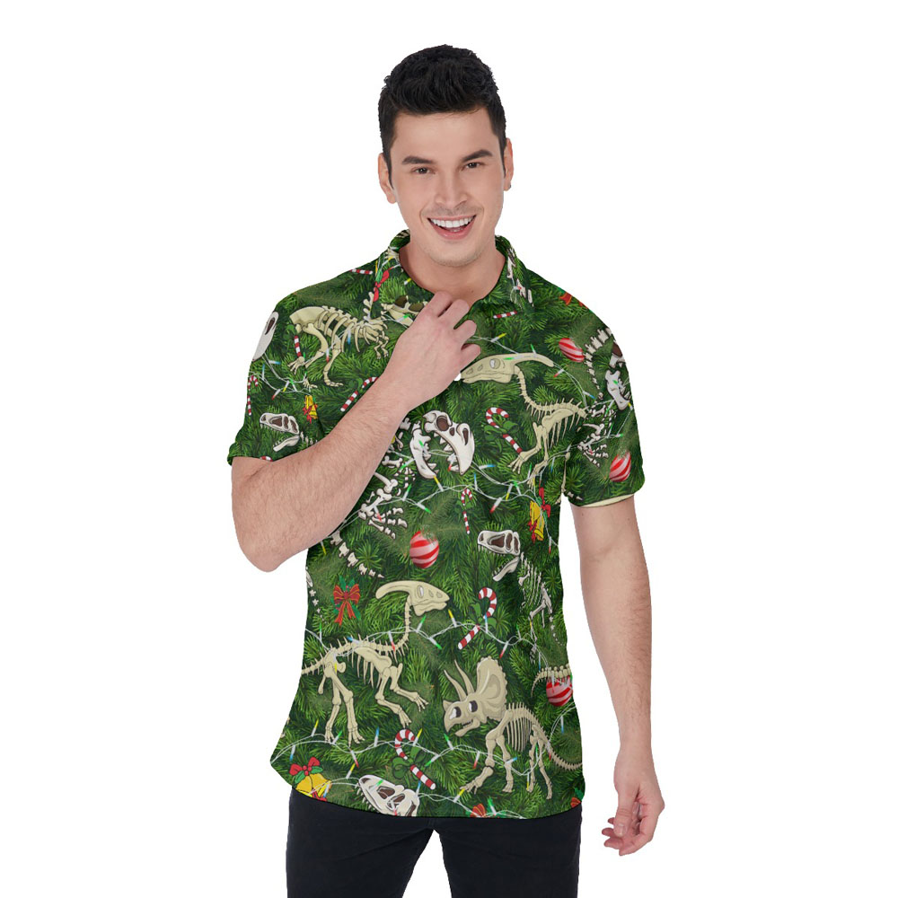 Christmas Dinosaur Skeleton Green Hawaiian Polo Shirt For Men - variant image 1
