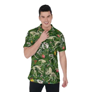 Christmas Dinosaur Skeleton Green Hawaiian Polo Shirt For Men