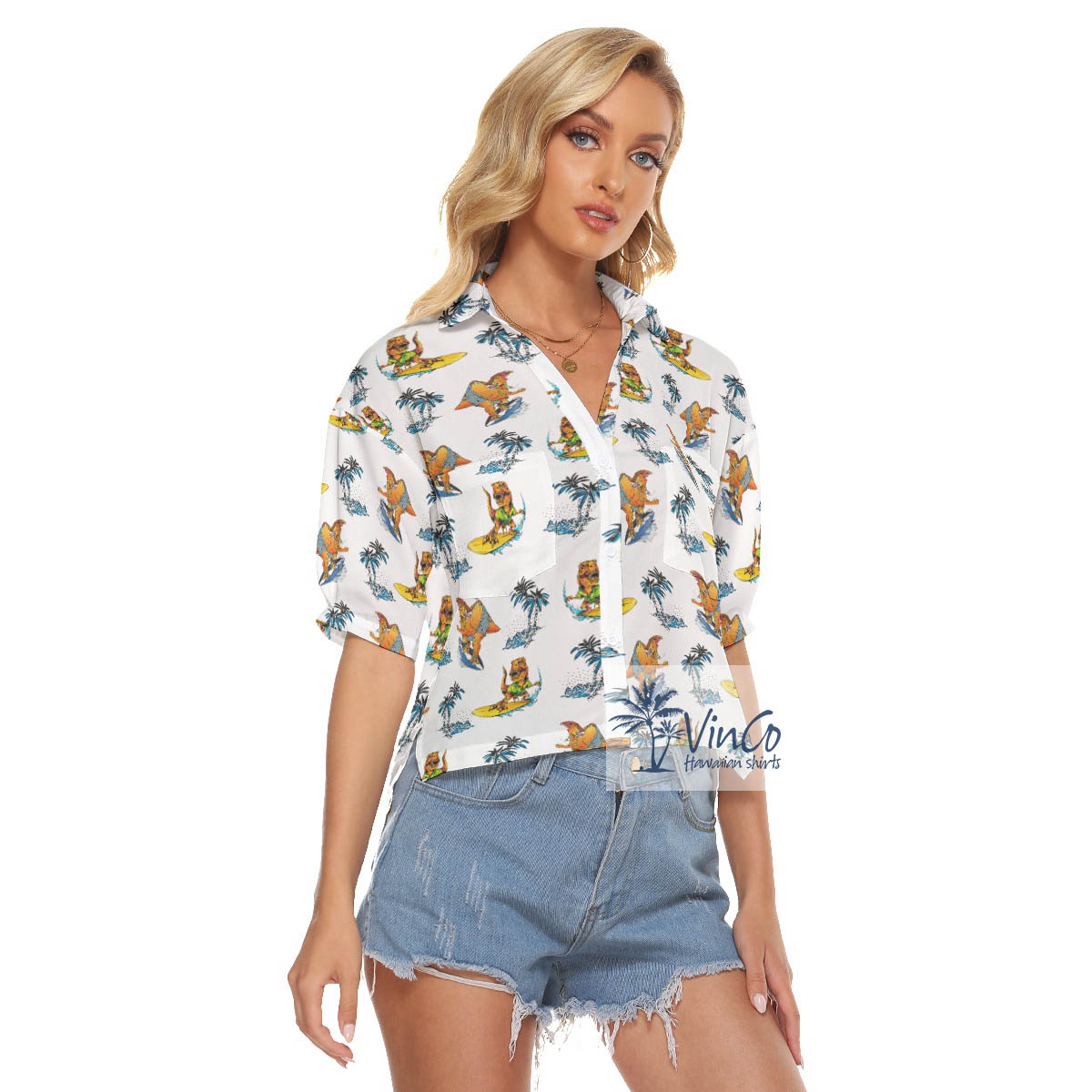 Funny Dinosaur Surfing Tropical Palm Tree Hawaiian Cropped Shirt