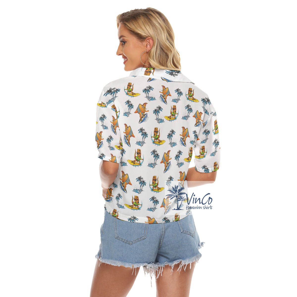 Funny Dinosaur Surfing Tropical Palm Tree Hawaiian Cropped Shirt