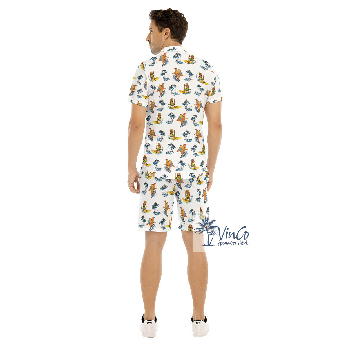 Tropical Palm Tree Surfing Dinosaur Hawaiian Shirt And Shorts For Men