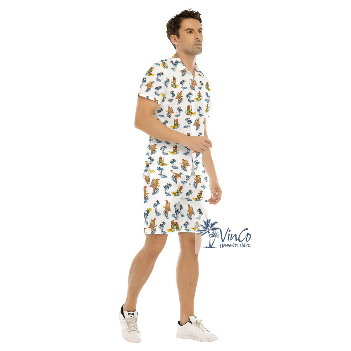 Tropical Palm Tree Surfing Dinosaur Hawaiian Shirt And Shorts For Men