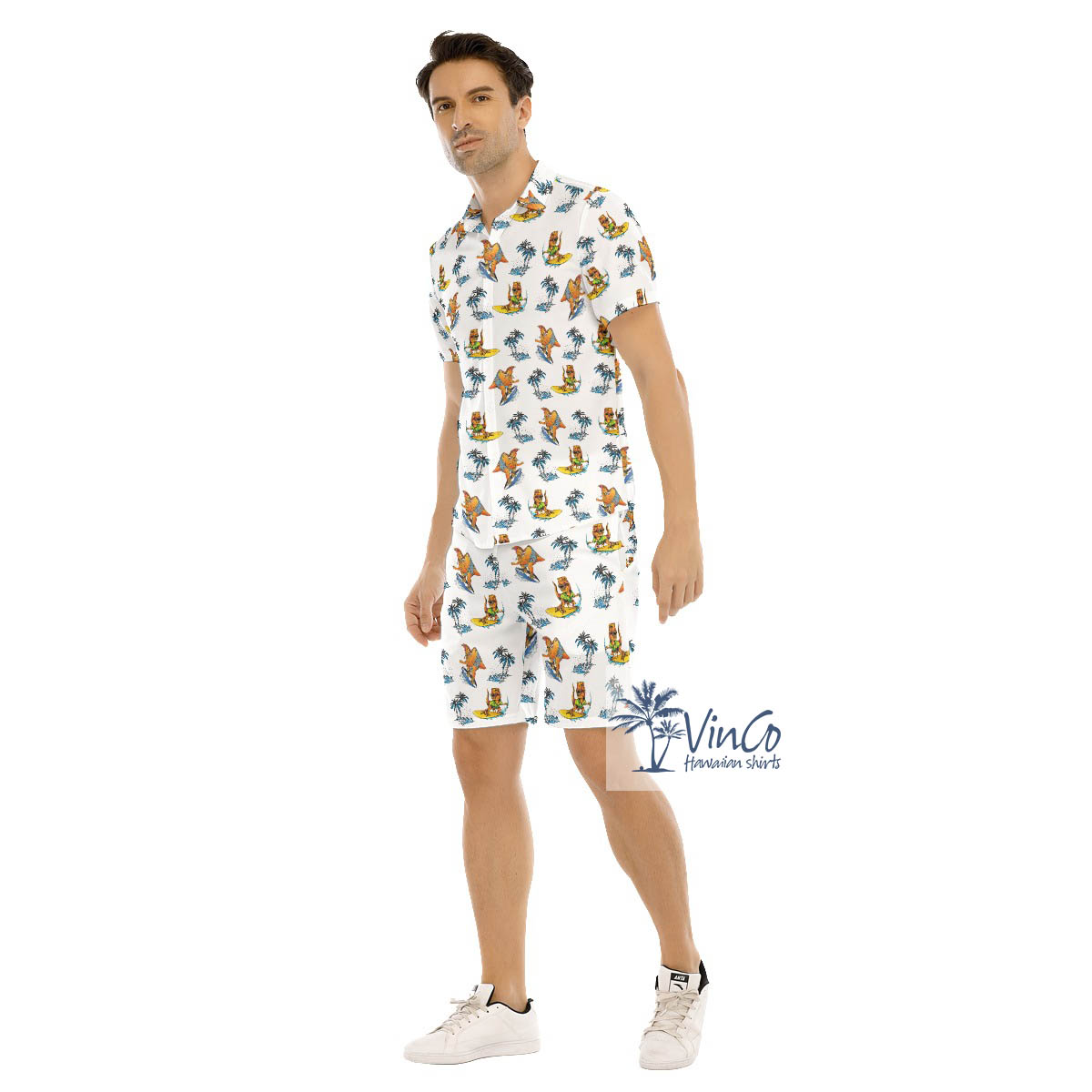 Tropical Palm Tree Surfing Dinosaur Hawaiian Shirt And Shorts For Men