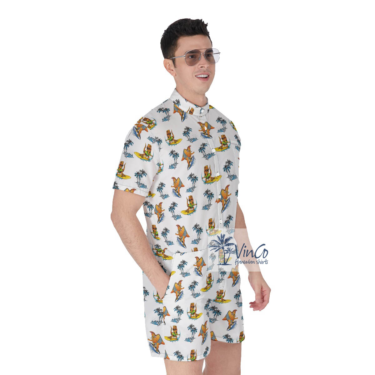 Funny Dinosaur Surfing Palm Tree Men's Hawaiian Romper
