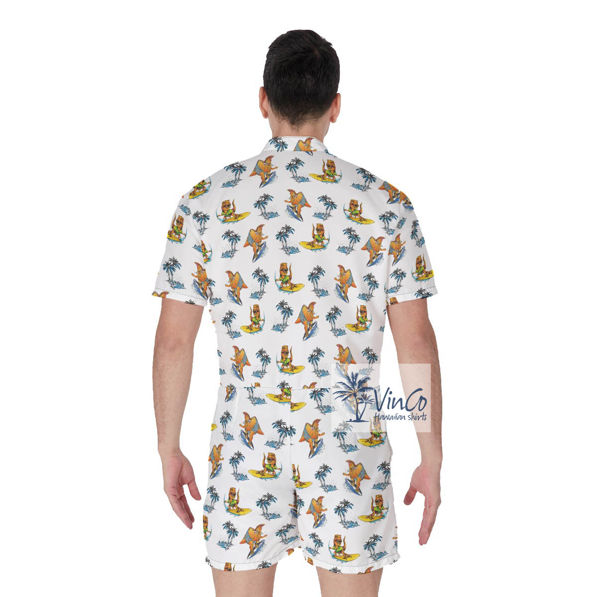 Funny Dinosaur Surfing Palm Tree Men's Hawaiian Romper