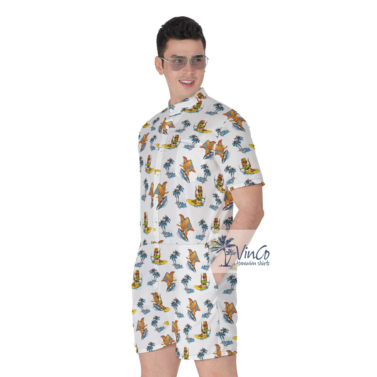 Funny Dinosaur Surfing Palm Tree Men's Hawaiian Romper