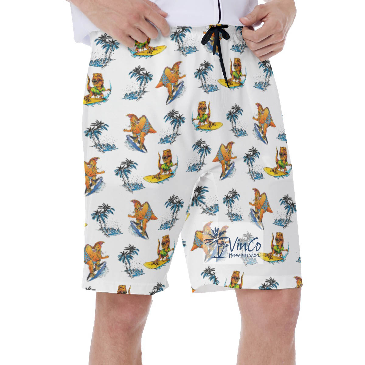 Funny Dinosaur Surfing Palm Tree Hawaiian Swimwear For Men