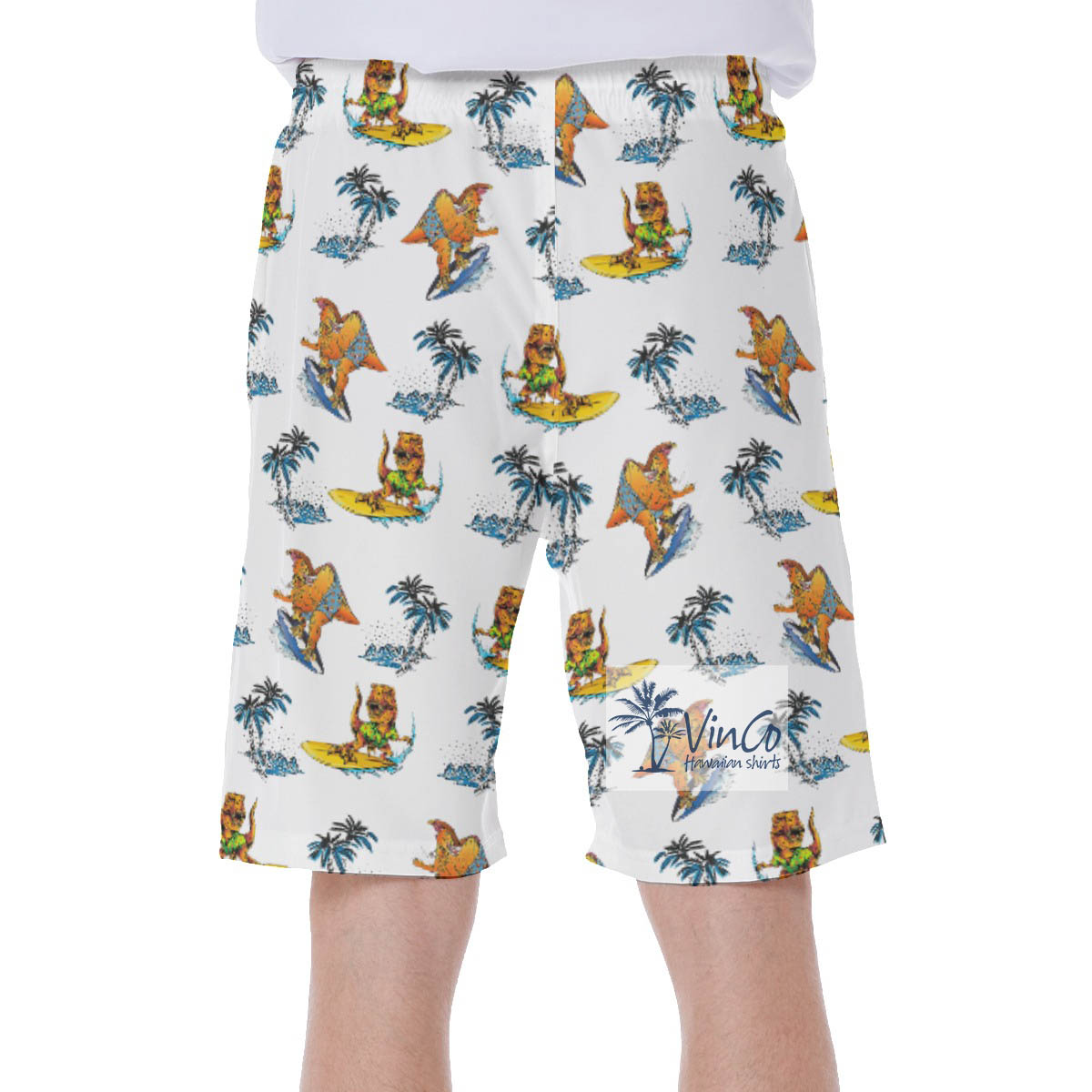Funny Dinosaur Surfing Palm Tree Hawaiian Swimwear For Men