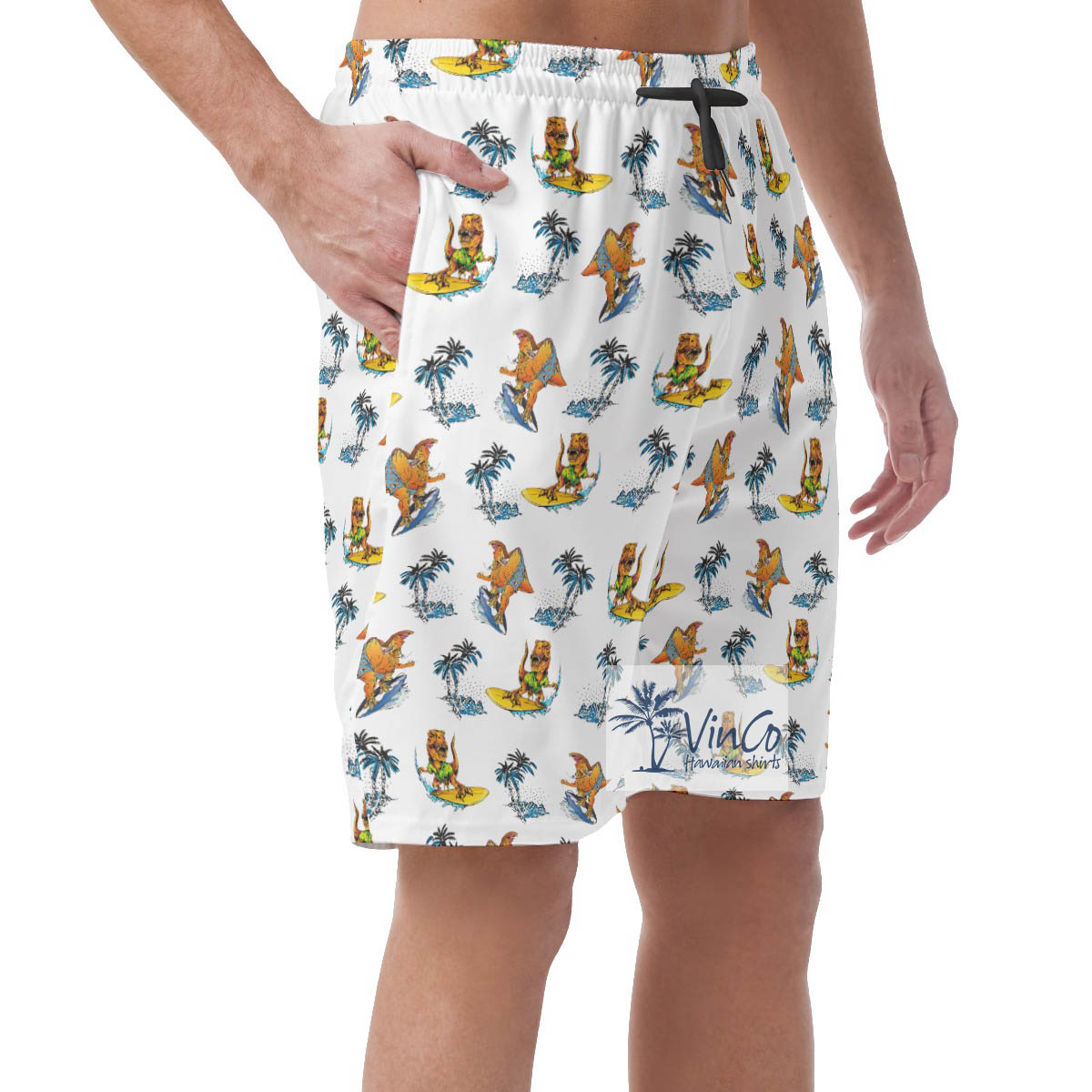 Funny Dinosaur Surfing Palm Tree Hawaiian Beach Shorts For Men