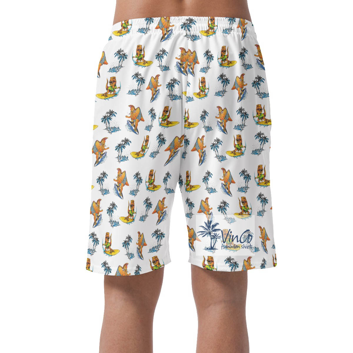 Funny Dinosaur Surfing Palm Tree Hawaiian Beach Shorts For Men