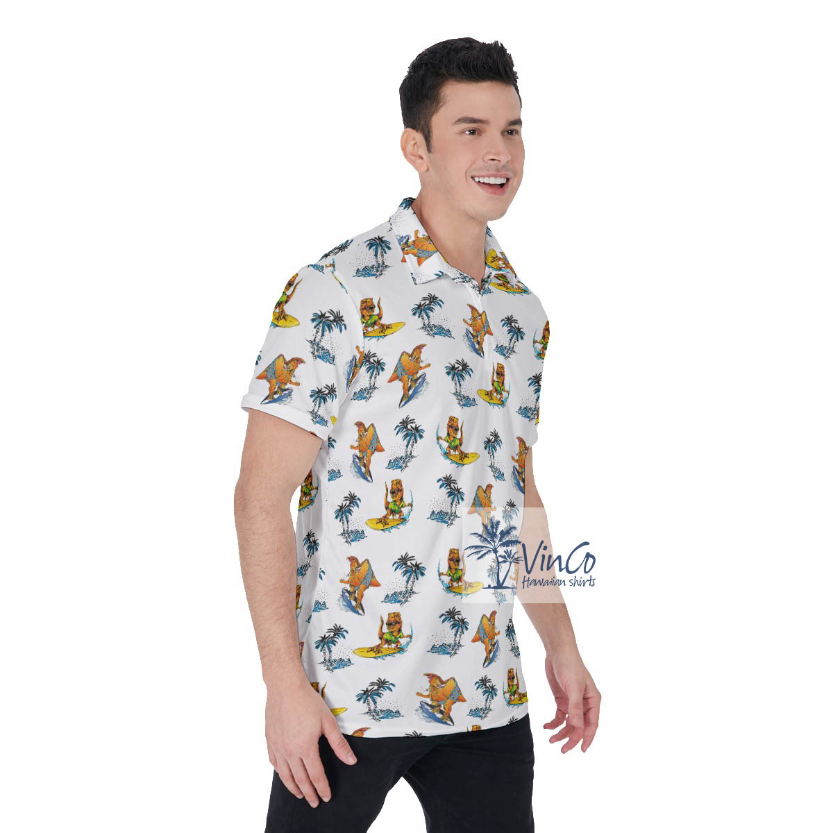 Tropical Palm Tree Surfing Dinosaur Hawaiian Polo Shirt
