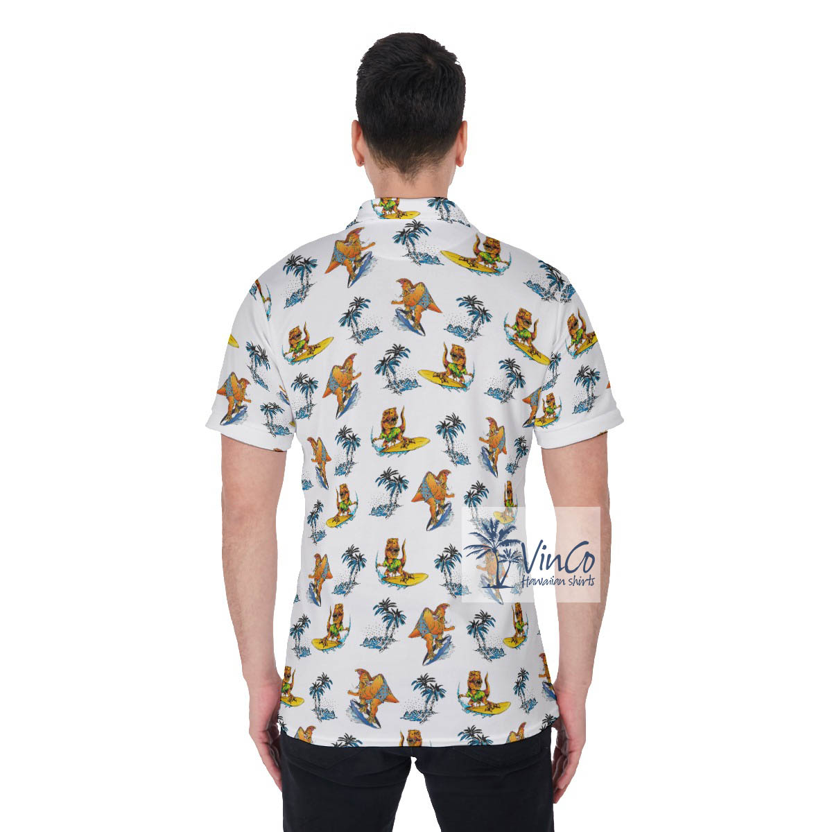 Tropical Palm Tree Surfing Dinosaur Hawaiian Polo Shirt