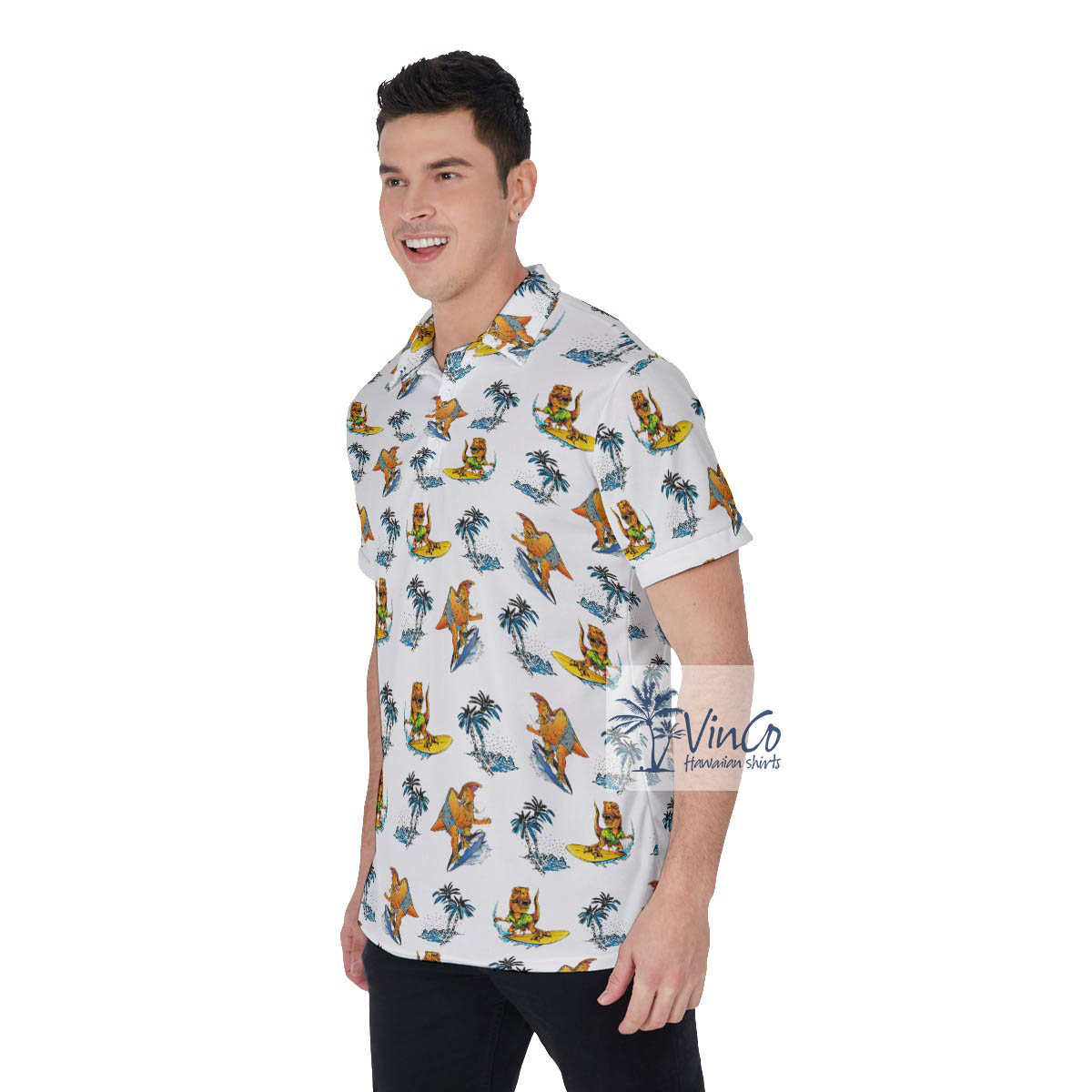 Tropical Palm Tree Surfing Dinosaur Hawaiian Polo Shirt
