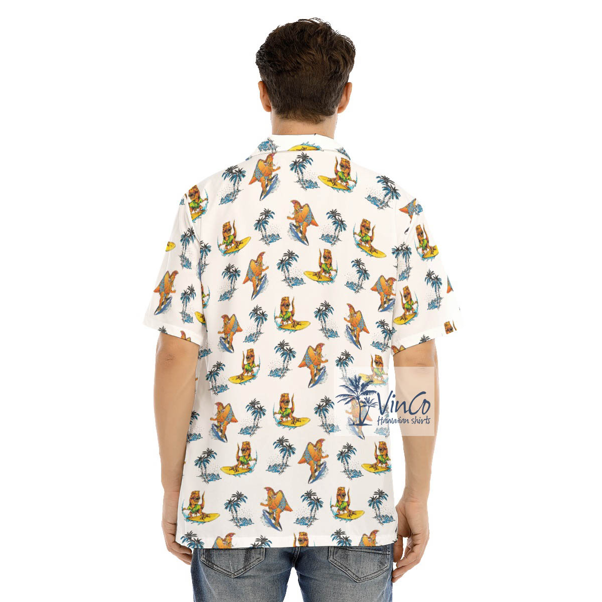 Funny Dinosaur Surfing Tropical Palm Tree Hawaiian Shirt