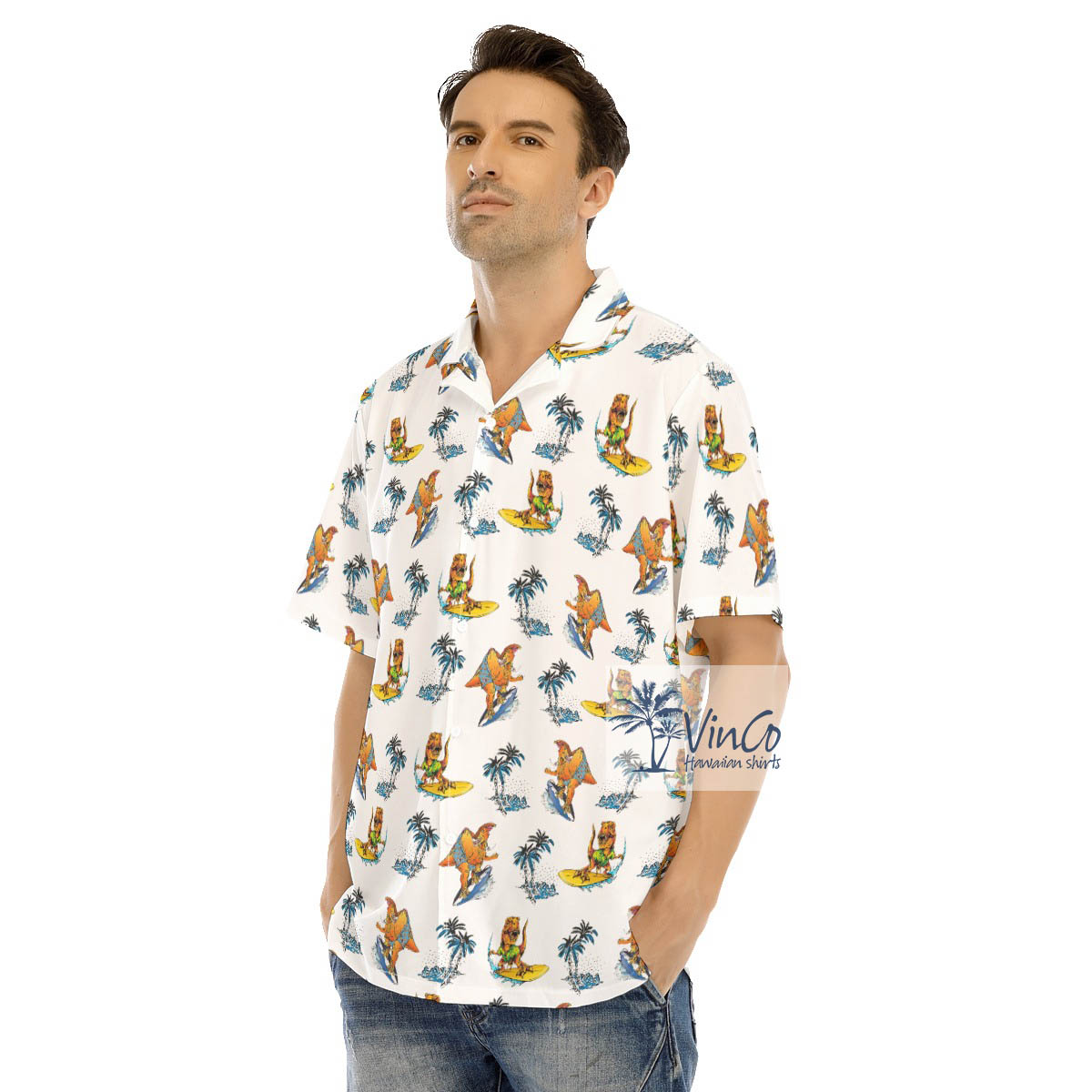 Funny Dinosaur Surfing Tropical Palm Tree Hawaiian Shirt