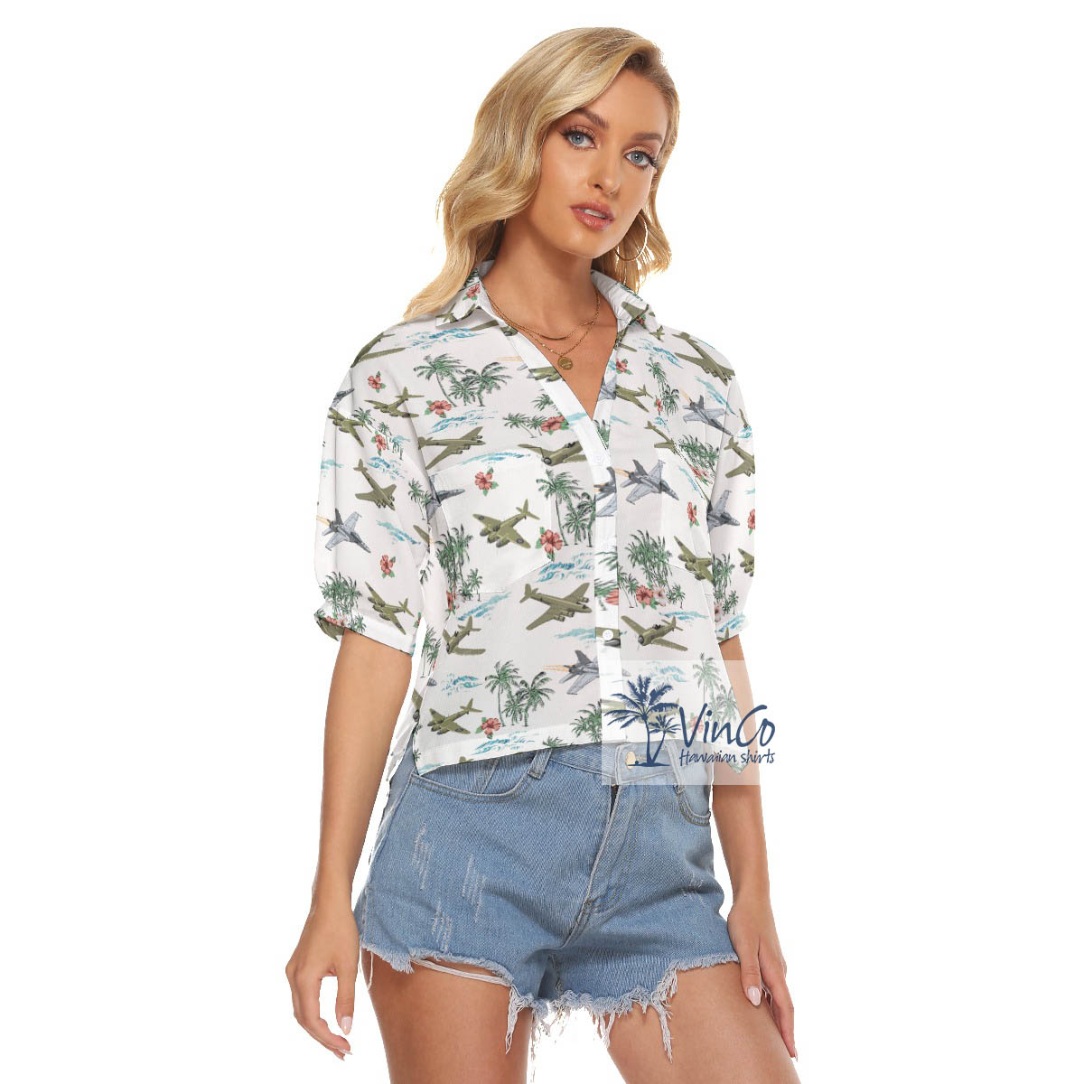 Cool Bomber Airplanes Hibiscus Hawaiian Crop Top Shirt