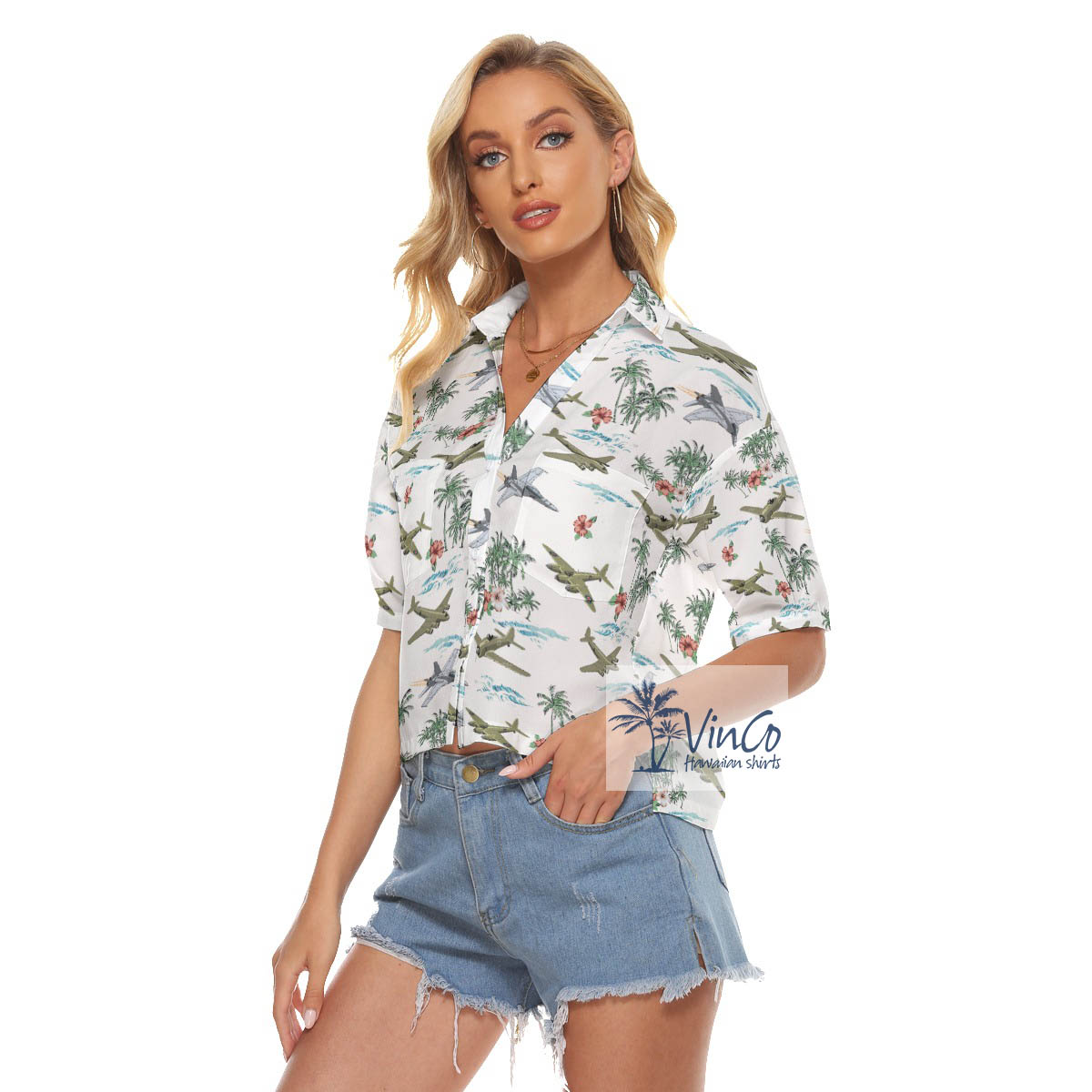 Cool Bomber Airplanes Hibiscus Hawaiian Crop Top Shirt