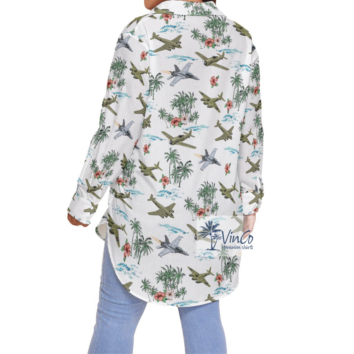 Tropical Hibiscus Fighter Planes Hawaiian Plus Size Shirt
