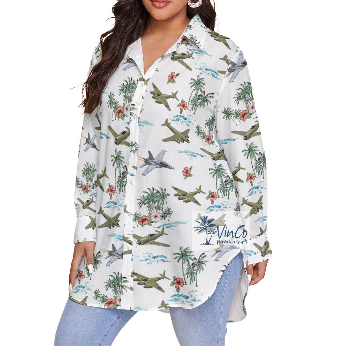 Tropical Hibiscus Fighter Planes Hawaiian Plus Size Shirt