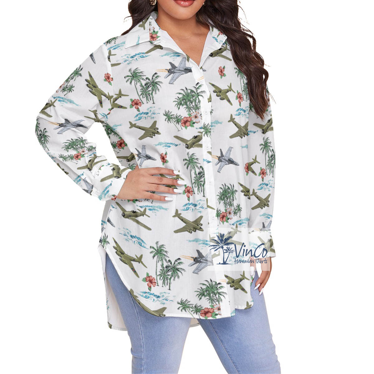 Tropical Hibiscus Fighter Planes Hawaiian Plus Size Shirt