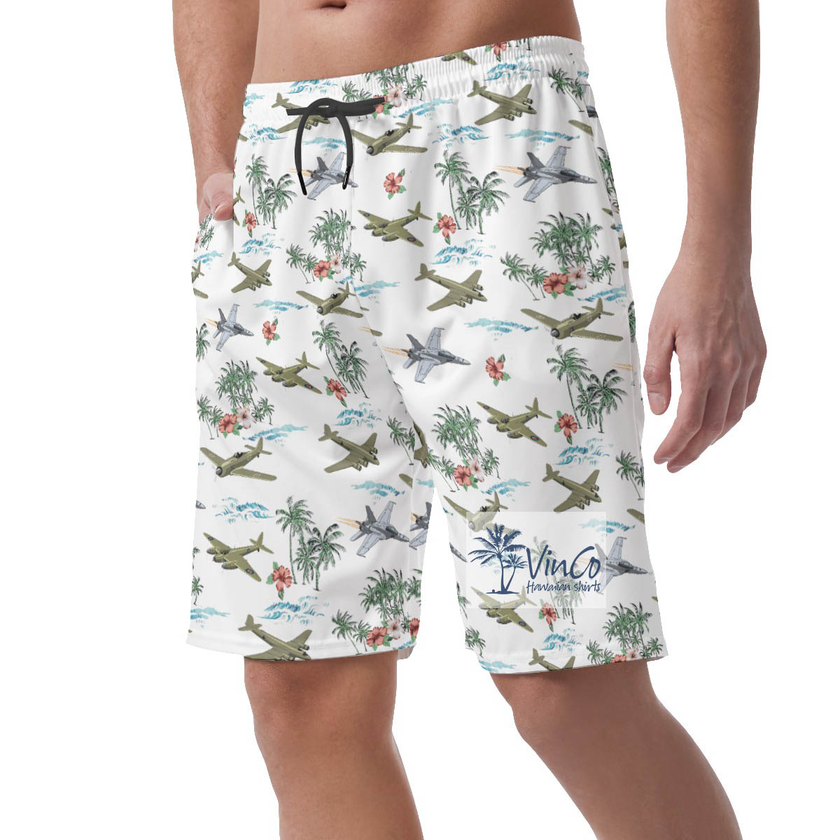 Cool Tropical Bomber Planes Hawaiian Beach Shorts For Men