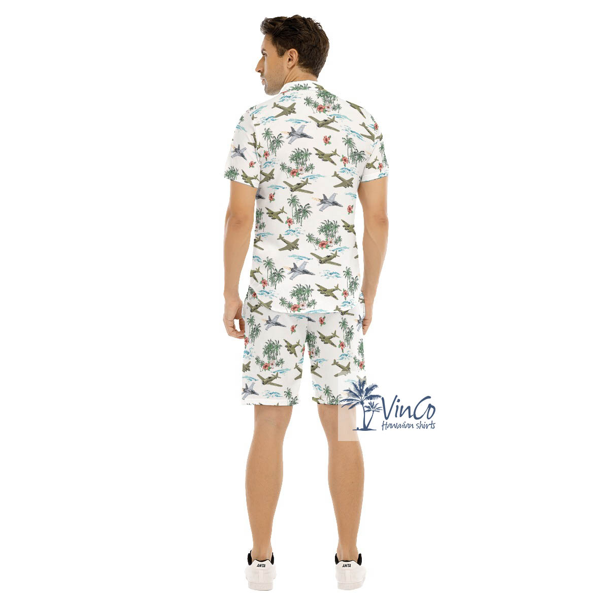 Set Bomber Planes Tropical Palm Tree Hawaiian Shirt And Shorts For Men