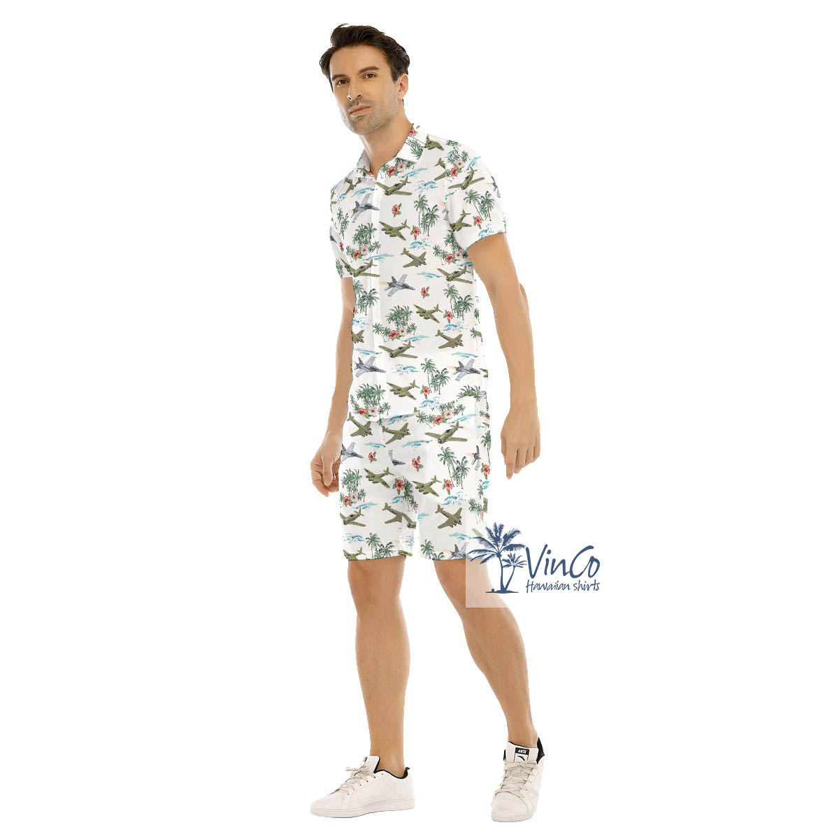 Set Bomber Planes Tropical Palm Tree Hawaiian Shirt And Shorts For Men